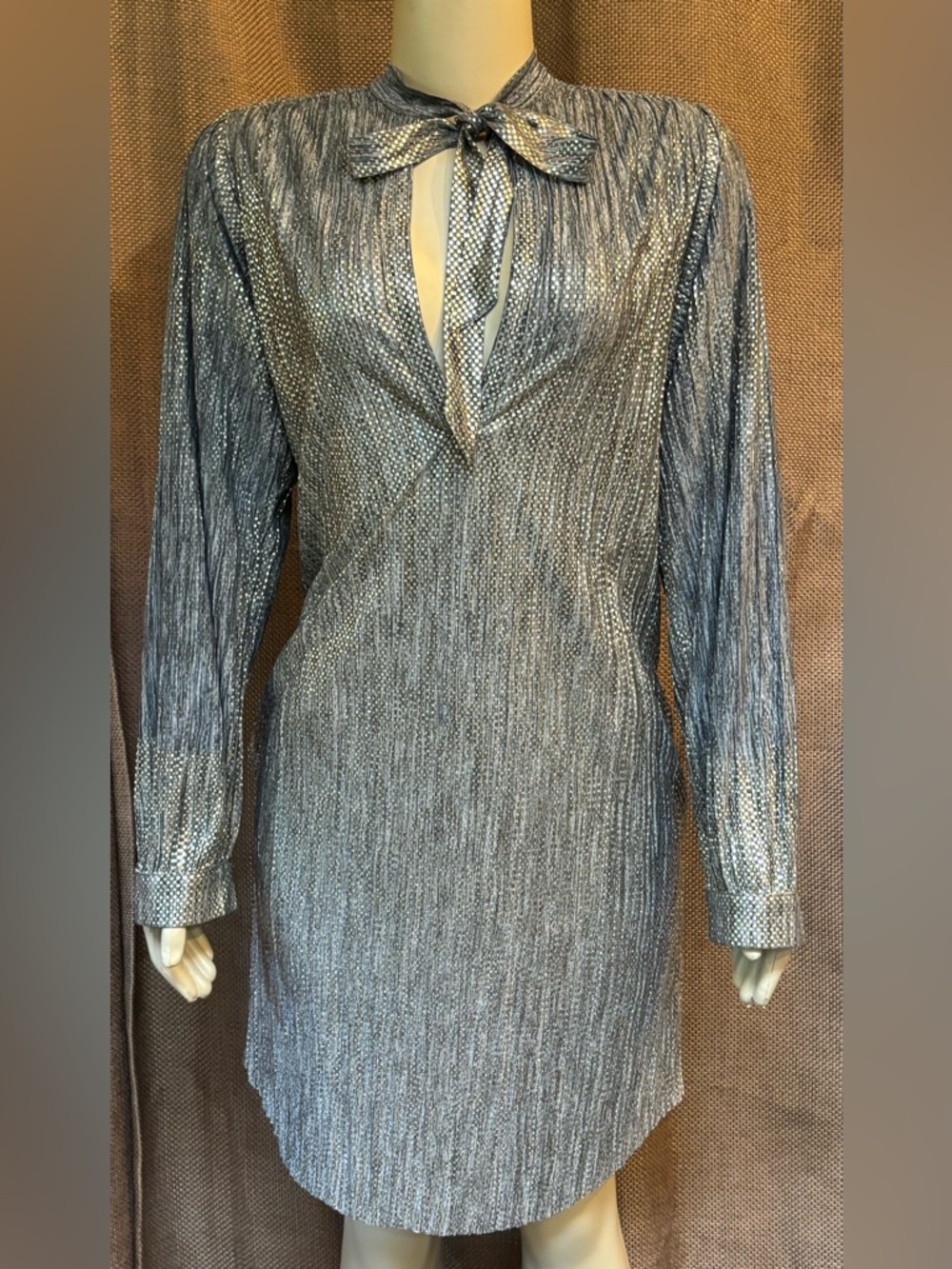Sabina Musayev Metallic Silver Long-Sleeve Tie-Neck Shift Dress